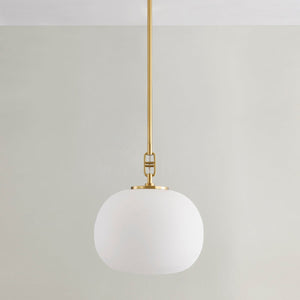 Ingels Pendant 11" in aged brass shown from a second angle to highlight the shade shape and metal detail.