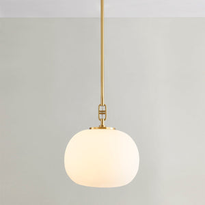 Ingels Pendant 11" in aged brass shown from the front to reveal the shade shape and metal detail.