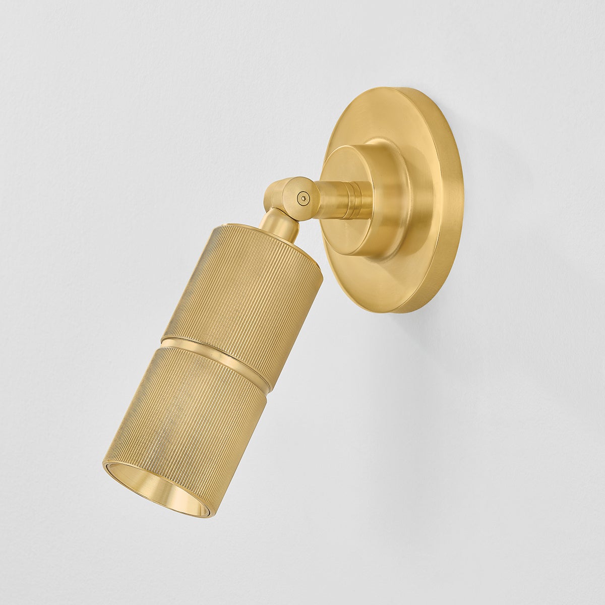 Close-up of the Truett Wall Sconce in aged brass showing the arm curve and shade silhouette.