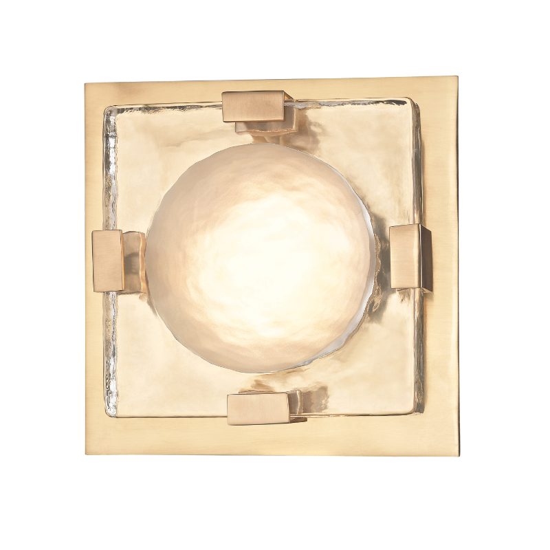 Bourne Semi-Flush 10.5" in aged brass shown from the front to reveal the arm curve and shade silhouette.