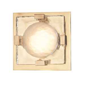 Bourne Semi-Flush 10.5" in aged brass shown from the front to reveal the arm curve and shade silhouette.