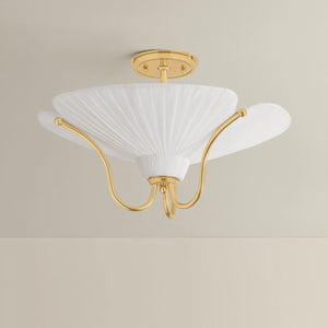 Gerhard Semi Flush in aged brass shown from a second angle to highlight the shade profile and mounting canopy.
