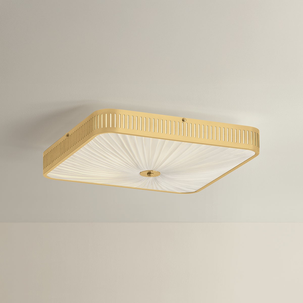 Henri Semi Flush 20.5" in aged brass shown from the front to reveal the shade profile and mounting canopy.