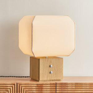 Brice Table Lamp in polished nickel shown from the front to reveal the base and shade proportions.
