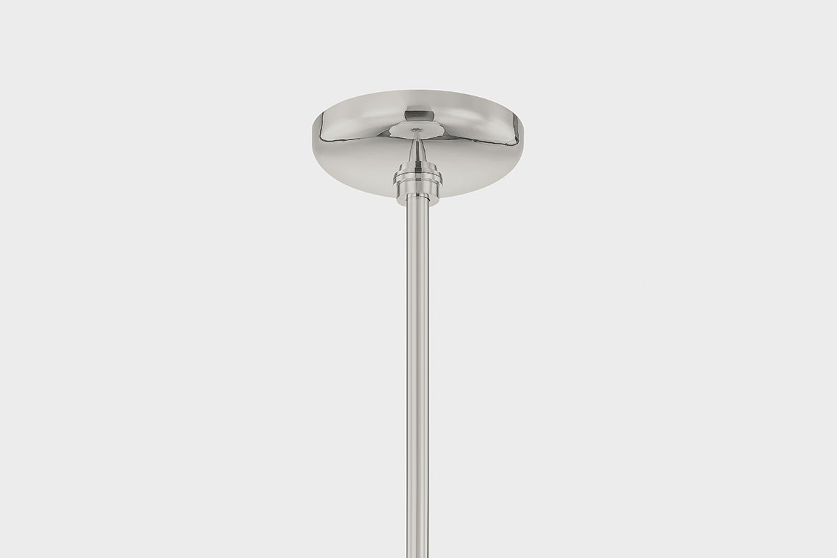 Close-up of the Auburndale Pendant in polished nickel showing the shade shape and metal detail.