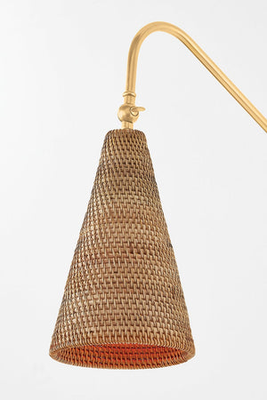 Averack Plug-In Sconce in aged brass shown from the front to reveal the arm profile and shade silhouette.