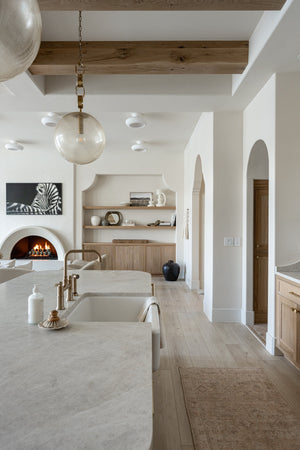 Nessa Pendant 17.75" styled in a bright kitchen for warm, layered light at Laurie Yapp Home.