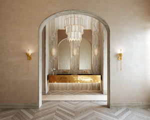 Cartagena Chandelier 31.5" styled in an elegant dining room for warm, layered light at Laurie Yapp Home.