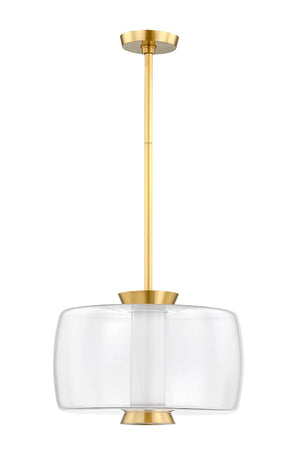 Beau Pendant 15" in aged brass shown from a second angle to highlight the shade shape and metal detail.