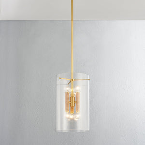 Close-up of the Barlow Lantern 11" in aged brass showing the frame and glass panel detail.