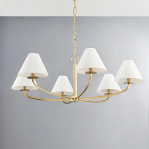 Close-up of the Stacey Chandelier 40.25" in aged brass showing the frame, arms, and shade detail.