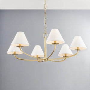 Close-up of the Stacey Chandelier 40.25" in aged brass showing the frame, arms, and shade detail.