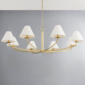 Close-up of the Stacey Chandelier 52.25" in aged brass showing the frame, arms, and shade detail.