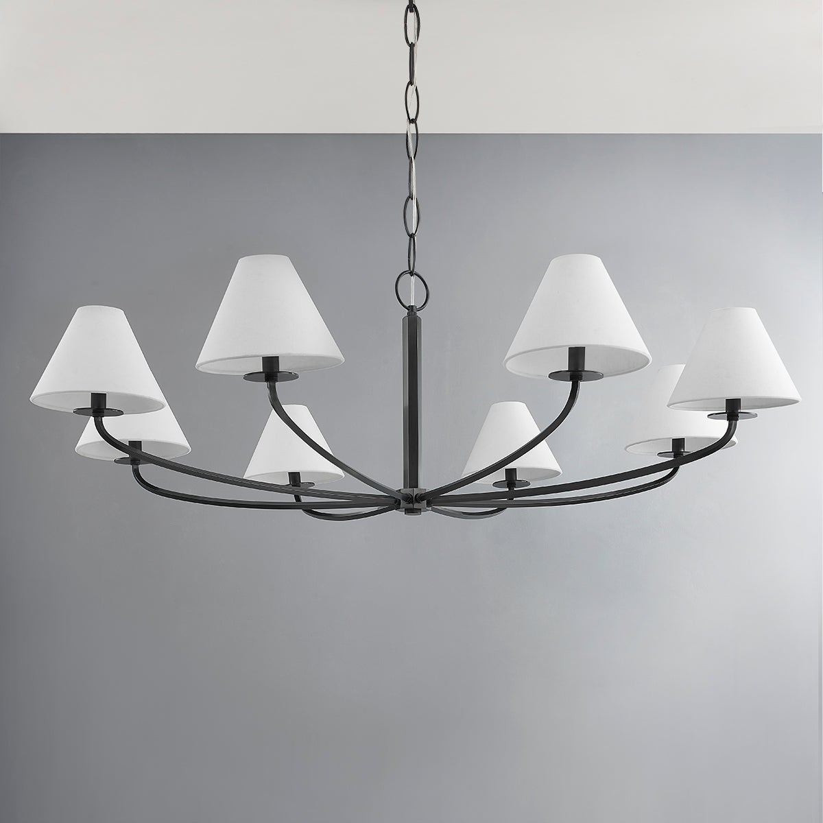 Close-up of the Stacey Chandelier 52.25" in bronze showing the frame, arms, and shade detail.