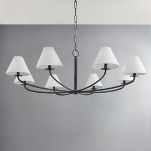 Close-up of the Stacey Chandelier 52.25" in bronze showing the frame, arms, and shade detail.