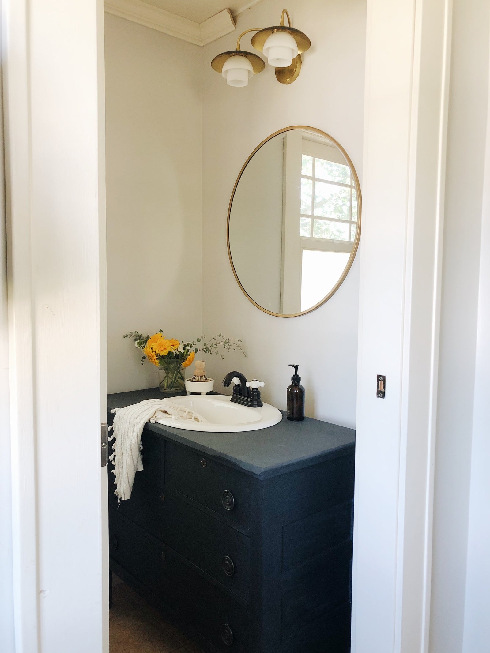 Barron Bath & Vanity in aged brass — a Hudson Valley bath and vanity for bathrooms and powder rooms at Laurie Yapp Home.
