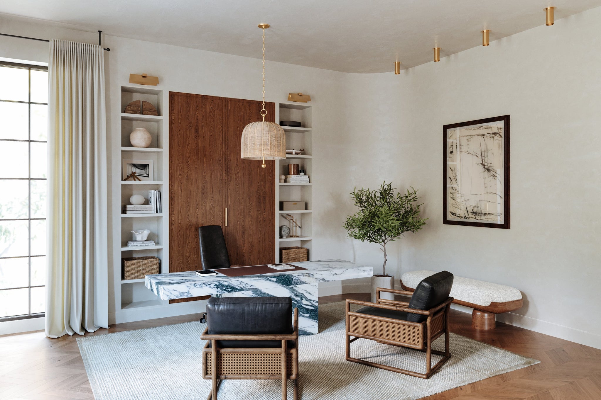 Berg Flush Mount styled in a hallway for warm, layered light at Laurie Yapp Home.
