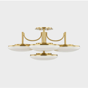 Bregman Semi Flush in aged brass shown from a second angle to highlight the shade profile and mounting canopy.