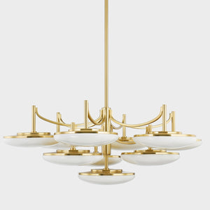Bregman Chandelier in aged brass shown from a second angle to highlight the frame, arms, and shade detail.