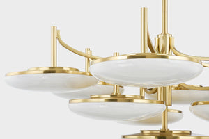 Bregman Chandelier in aged brass shown from the front to reveal the frame, arms, and shade detail.
