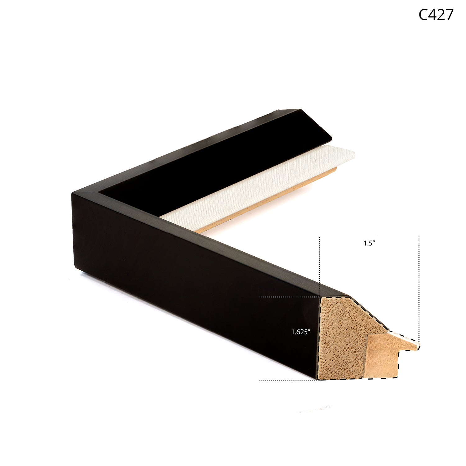 Black frame corner showing a sleek design with a matte finish and dimensions indicated.