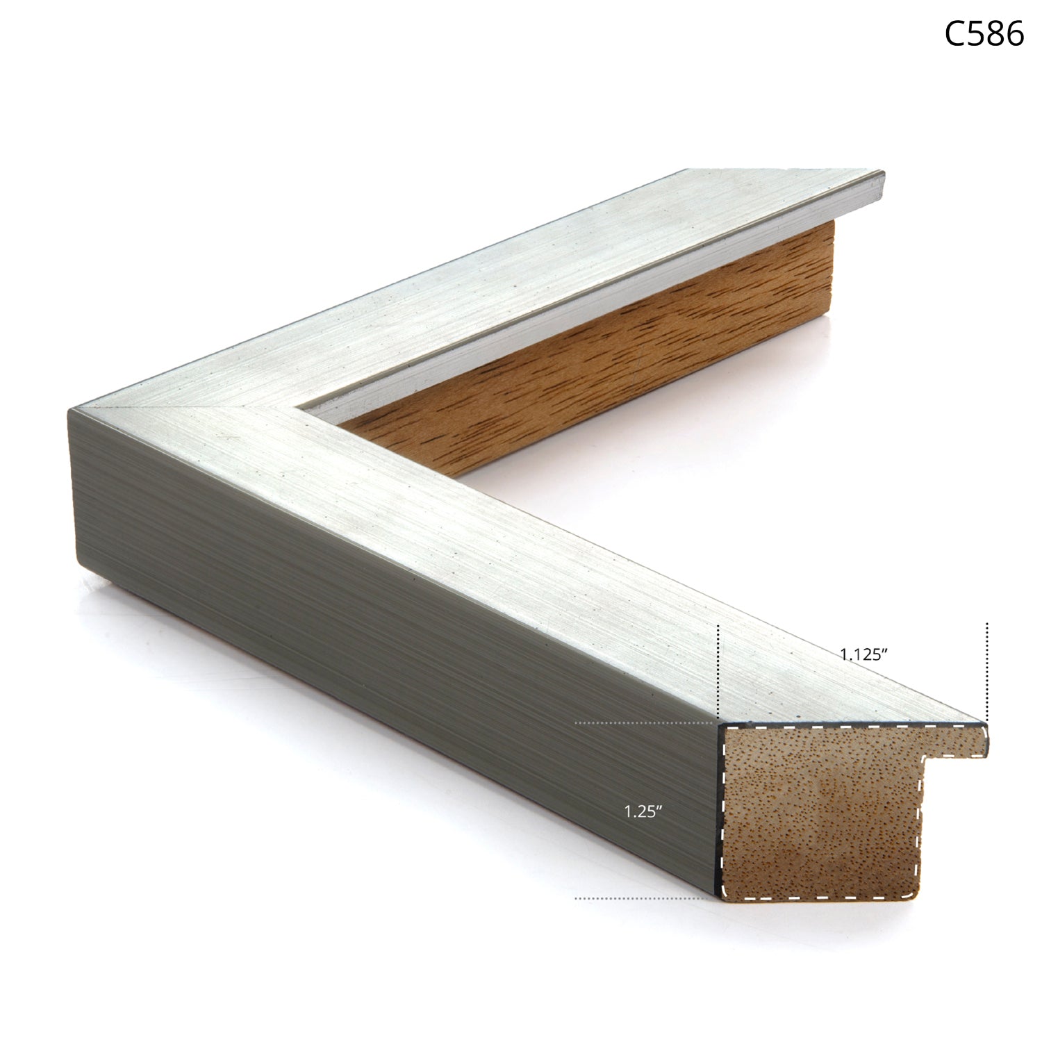 Silver and wood picture frame corner with a brushed metal finish