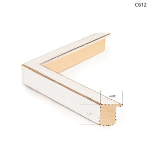 White wooden frame with a distressed finish, showcasing a corner view.