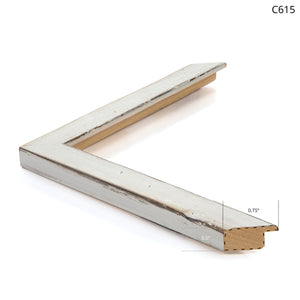 Framed corner of a weathered white wooden picture frame with a rustic finish.
