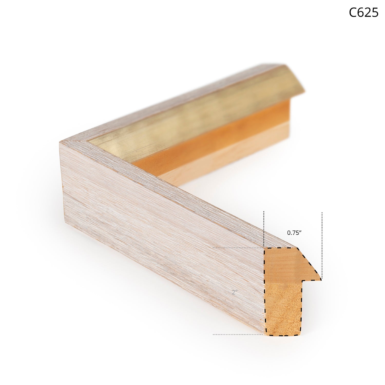 Close-up view of a light wood frame with a brass accent, showcasing its textured finish