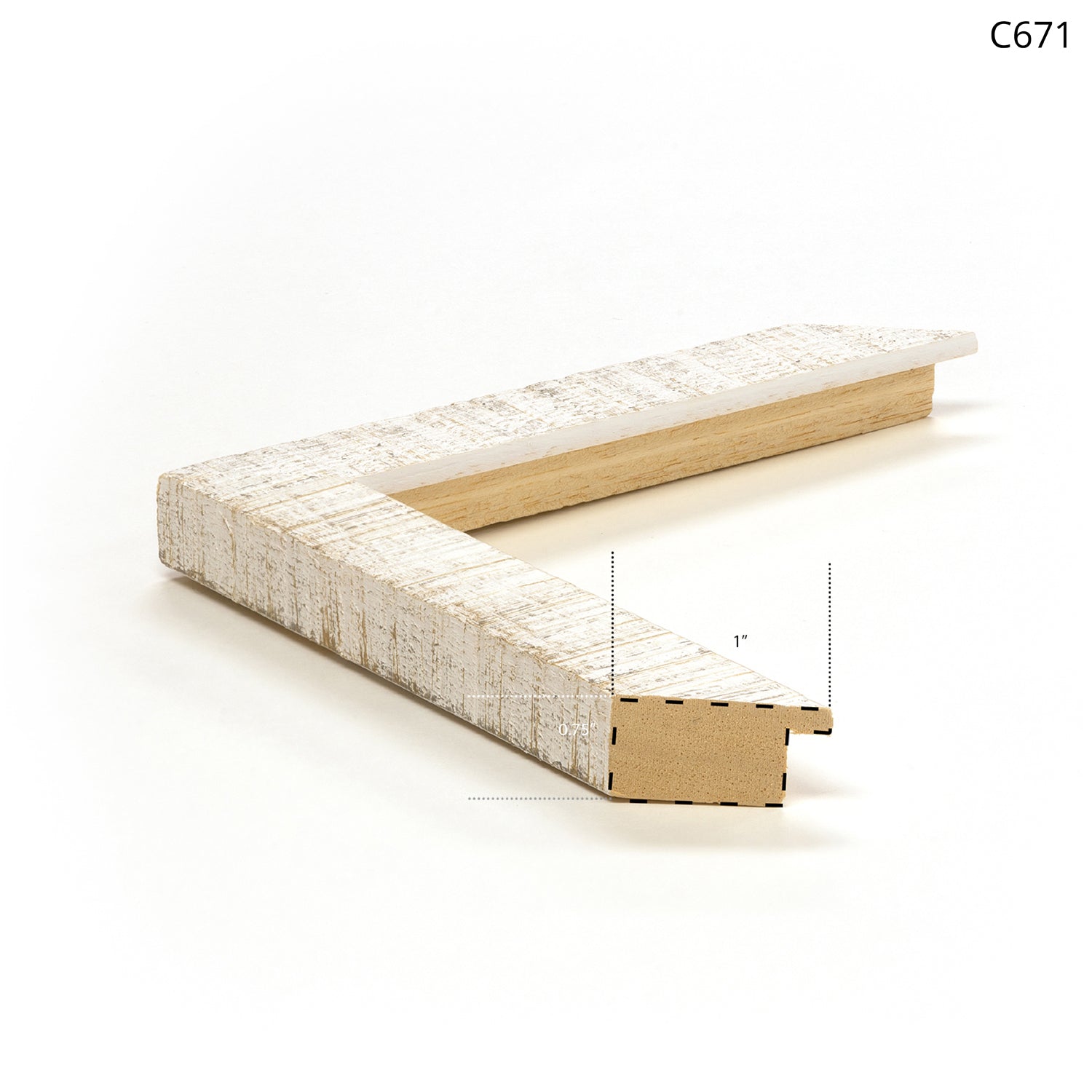 Wooden frame sample with a rustic white finish, shown from a corner angle.