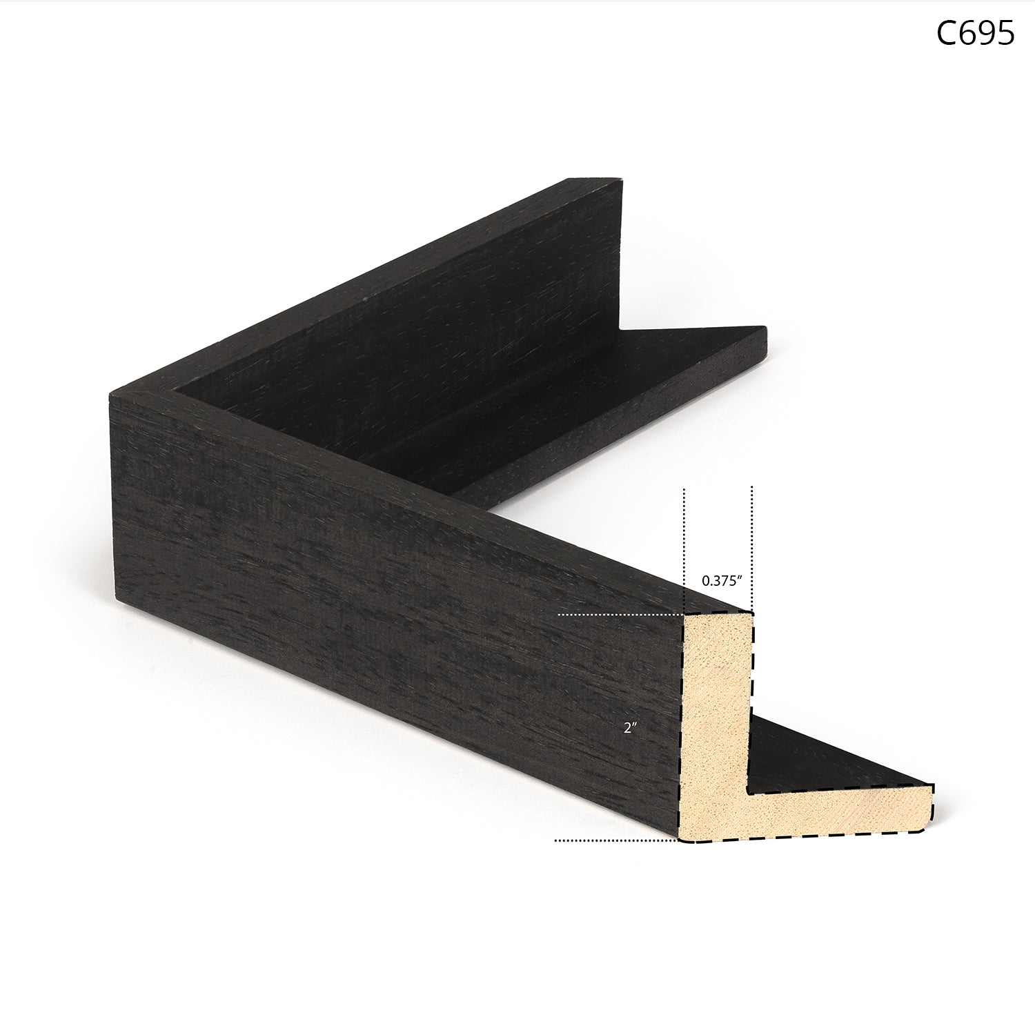 Black wooden frame corner sample with a smooth finish and angled edge.