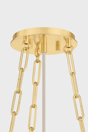 Camby Pendant in aged brass shown from a second angle to highlight the shade shape and metal detail.
