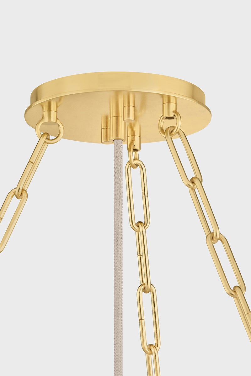 Camby Chandelier in aged brass shown from a second angle to highlight the frame, arms, and shade detail.