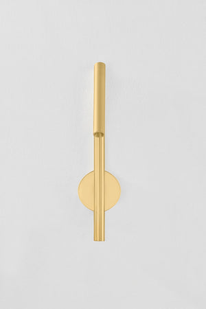 Circleville Wall Sconce in aged brass shown from a second angle to highlight the arm curve and shade silhouette.