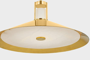 Close-up of the Clermont Pendant 20" in aged brass showing the shade shape and metal detail.