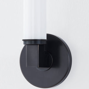 Close-up of the Cromwell Wall Sconce 4.75" x 13.75" in bronze showing the arm curve and shade silhouette.