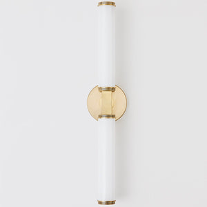Close-up of the Cromwell Wall Sconce 4.75" x 22.75" in aged brass showing the arm curve and shade silhouette.
