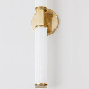 Close-up of the Cromwell Wall Sconce 4.75" x 22.75" in aged brass showing the arm curve and shade silhouette.