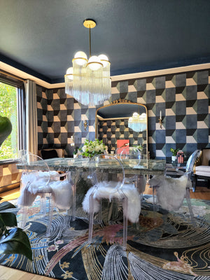 Celestial Chandelier 31.5" styled in an elegant dining room for warm, layered light at Laurie Yapp Home.