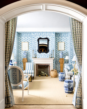 Classic No.1 Floor Lamp in aged brass styled in a living room corner for warm, layered light at Laurie Yapp Home.