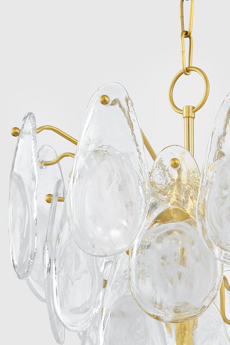Close-up of the Darcia Chandelier 18" in aged brass showing the frame, arms, and shade detail.