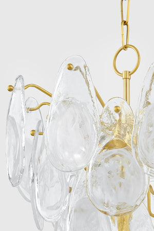 Close-up of the Darcia Chandelier 18" in aged brass showing the frame, arms, and shade detail.
