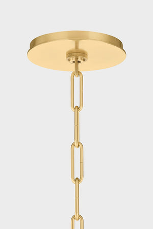 Durland Chandelier 40.5" in aged brass shown from a second angle to highlight the frame, arms, and shade detail.