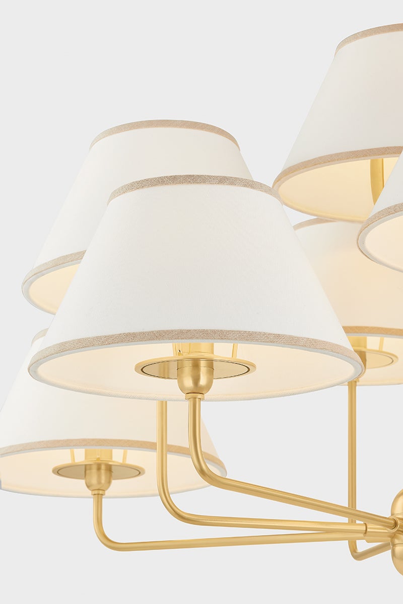 Close-up of the Durland Chandelier 40.5" in aged brass showing the frame, arms, and shade detail.