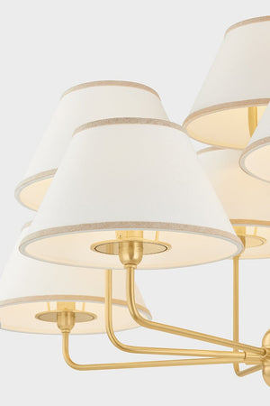 Close-up of the Durland Chandelier 40.5" in aged brass showing the frame, arms, and shade detail.