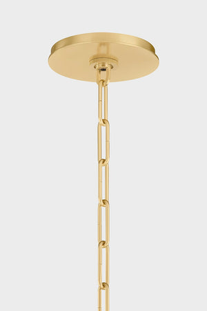 Durland Chandelier 55" in aged brass shown from a second angle to highlight the frame, arms, and shade detail.