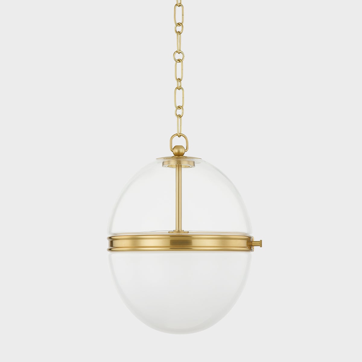 Donnell Pendant 12.5" in aged brass shown from the front to reveal the shade shape and metal detail.