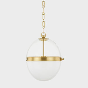 Donnell Pendant 12.5" in aged brass shown from the front to reveal the shade shape and metal detail.