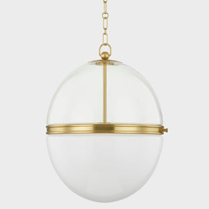 Donnell Pendant 17.5" in aged brass shown from the front to reveal the shade shape and metal detail.