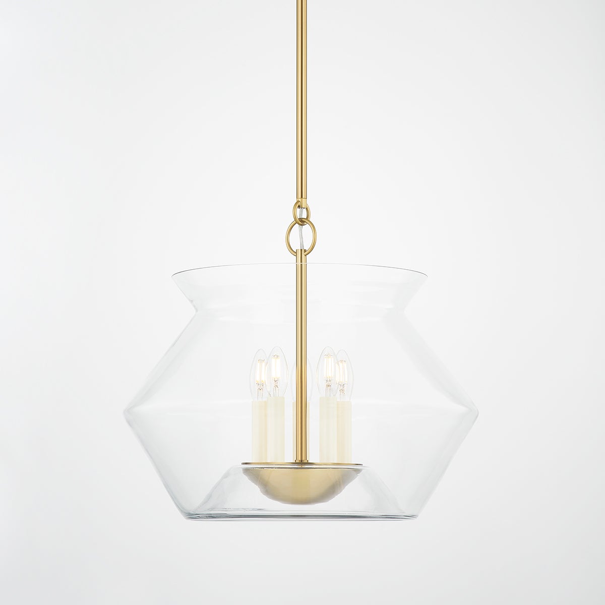 Edmonton Lantern 20.75" in aged brass shown from the front to reveal the frame and glass panel detail.
